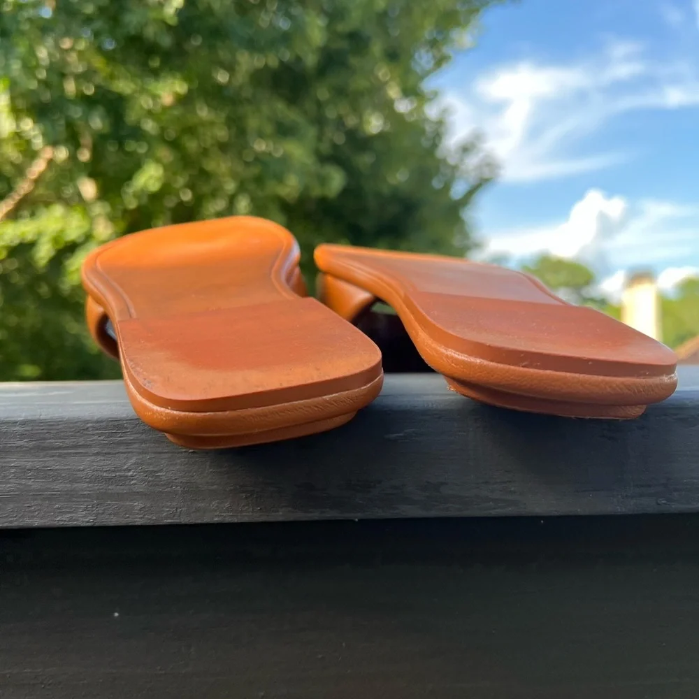 Tory Burch Tan Slide Sandals with Embossed Detailing. #30